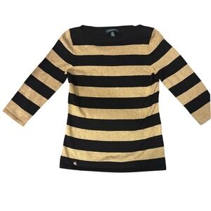 Lauren Ralph Lauren Womens Black Gold Metallic Striped Boat Neck Top Size Medium